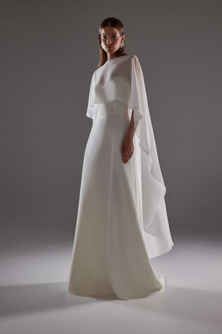 Cape Emm off-white chiffon cape with high round neckline and loose draping