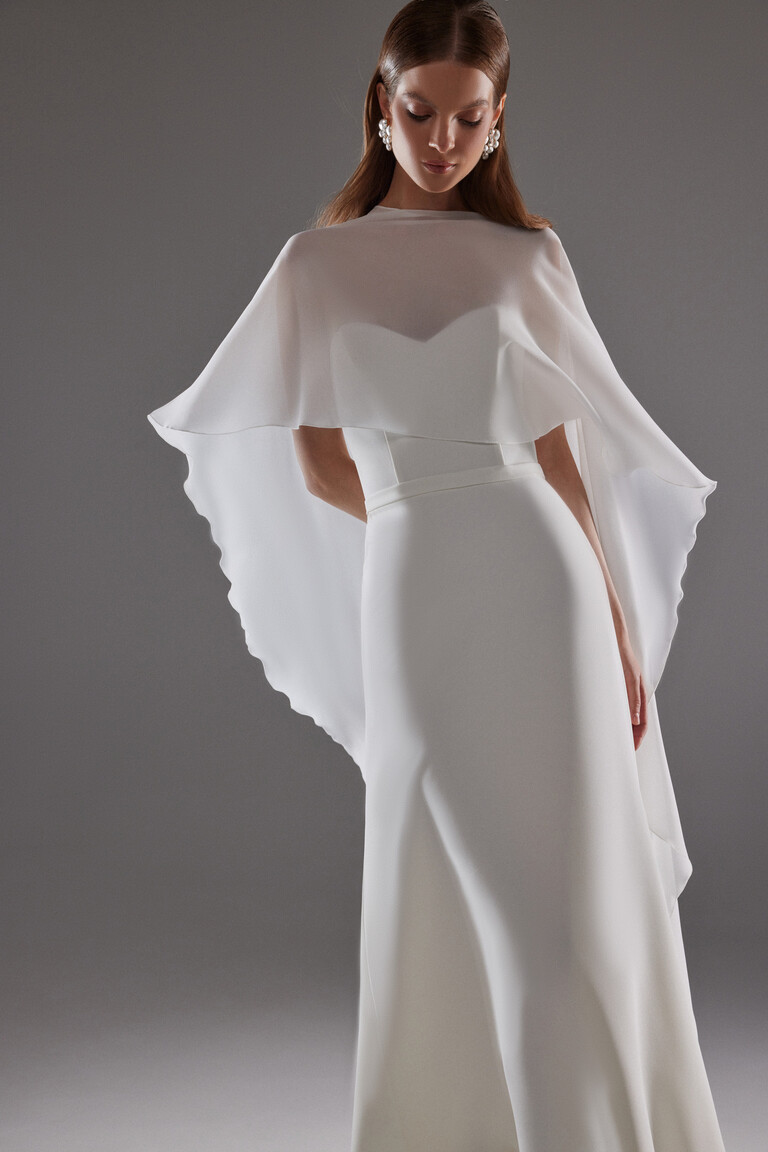 Cape Emm contemporary off-white chiffon cape overlaying a sweetheart neckline bodice