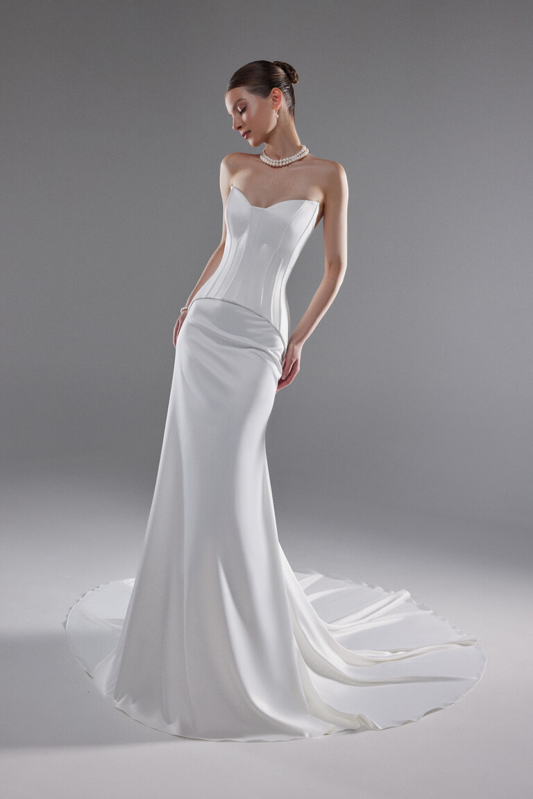 Full length Eliana stretch satin gown with flared skirt and dramatic ivory train