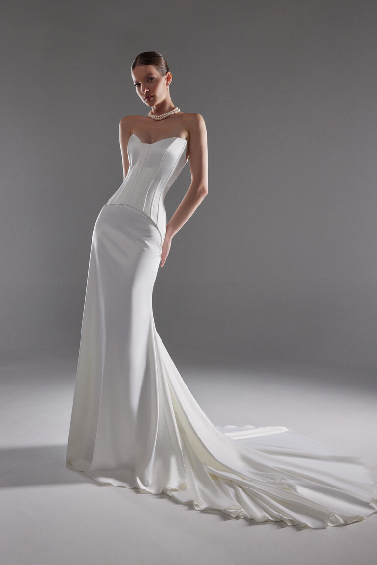 Eliana ivory satin bridal gown featuring sweetheart neckline and structured corset bodice