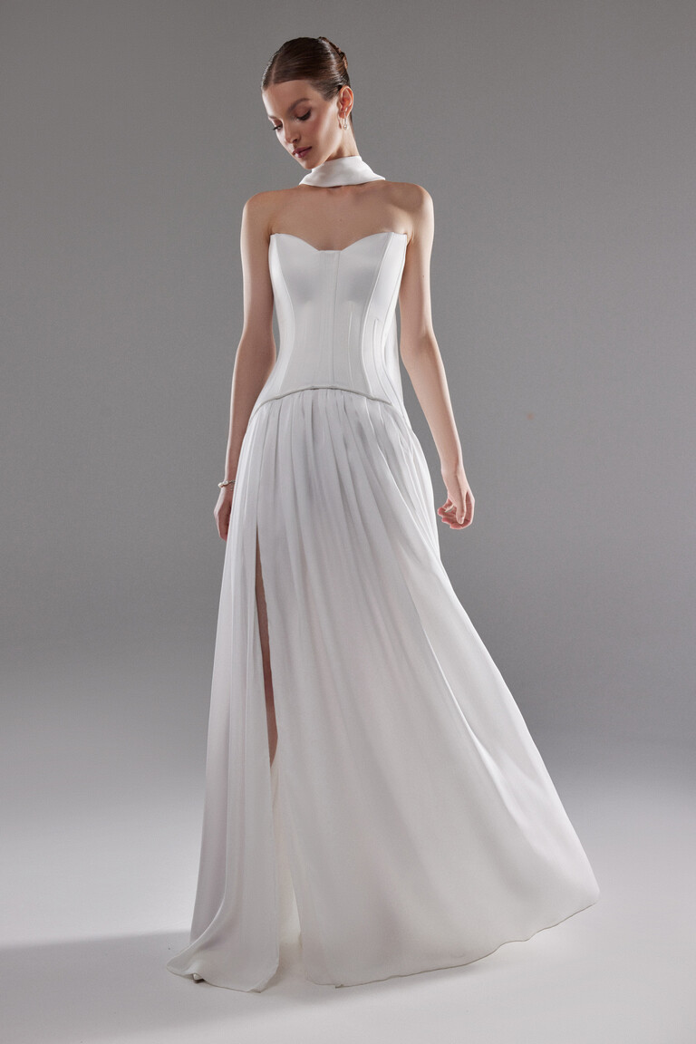 Artemide Satin Lace-Up Corset Dress with Slit