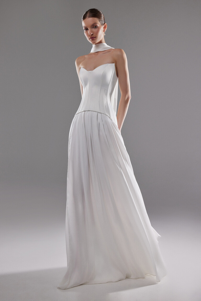 Artemide strapless sweetheart neckline dress with structured satin bodice and pleated silk skirt