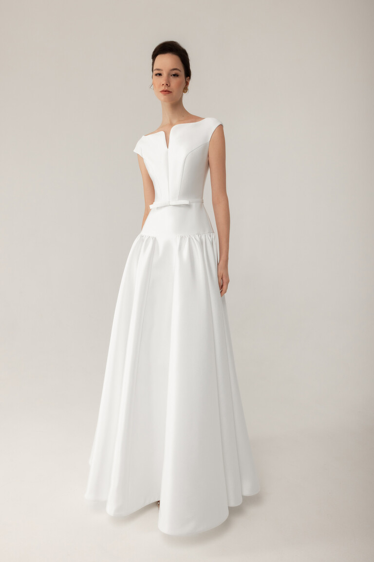 Lika Mikado Boat Neck Pleated A-Line Wedding Dress