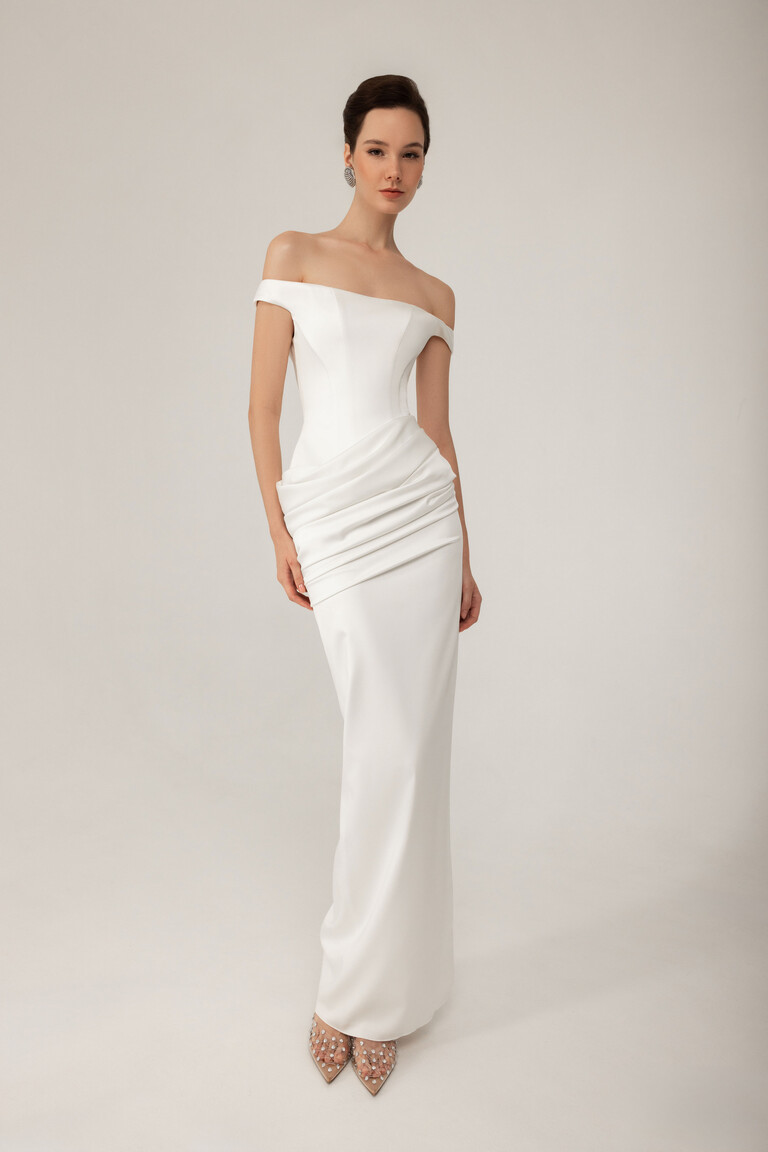 Kaira Off-Shoulder Satin Wedding Dress with Slit