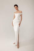 Kaira Off-Shoulder Satin Wedding Dress with Slit preview photo # 3