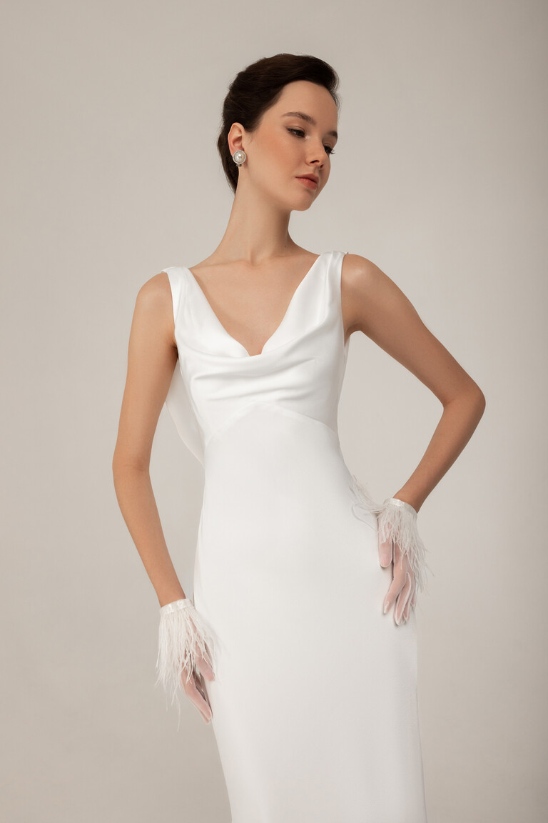 Close up of Lea wedding dress bodice showing draped cowl neckline and wide satin straps