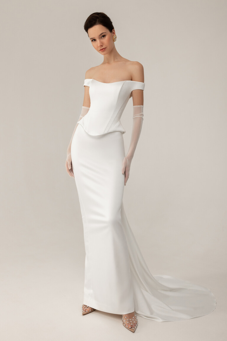 Modern Minimalist Satin Wedding Dress Silhouette Full length view of Katie ivory satin sheath wedding dress showing modern minimalist silhouette