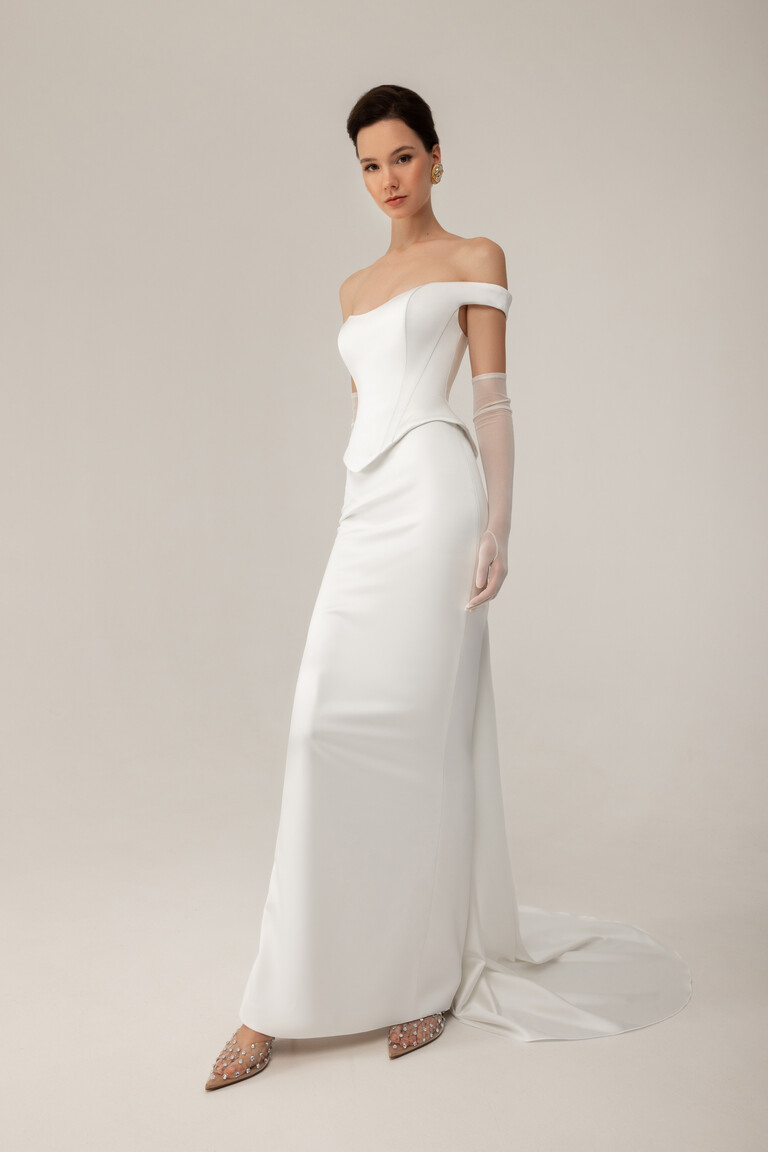 Structured Bodice Satin Gown with Train Katie column wedding dress in stretch satin featuring structured bodice and flowing train