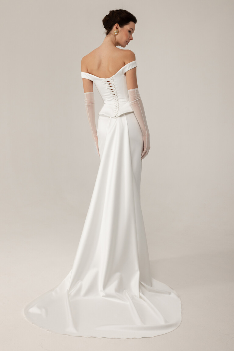 Lace-Up Corset Back Satin Wedding Dress Rear view of Katie satin wedding dress featuring lace-up corset back and long train