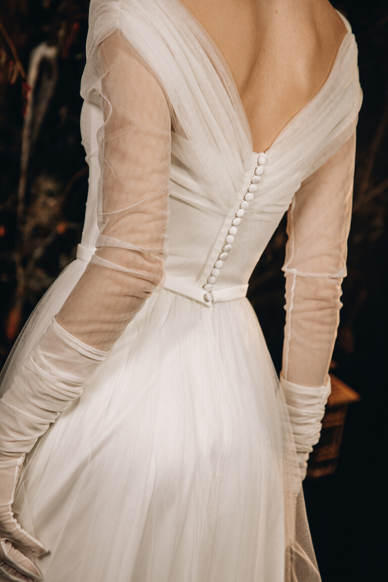 Rose Dress Back Detail & Fabric Texture Back view detail of Unona Rose bridal gown showing bodice fit and fabric texture