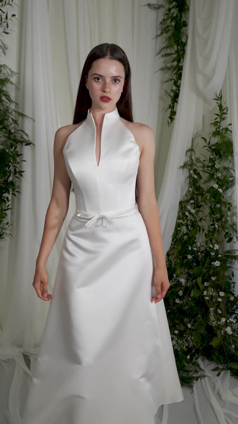 Verona High Neck Satin Midi Wedding Dress