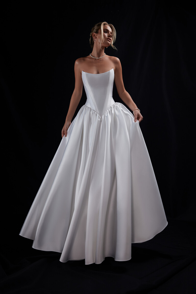 Full length Faith Mikado ball gown with pointed basque waistline