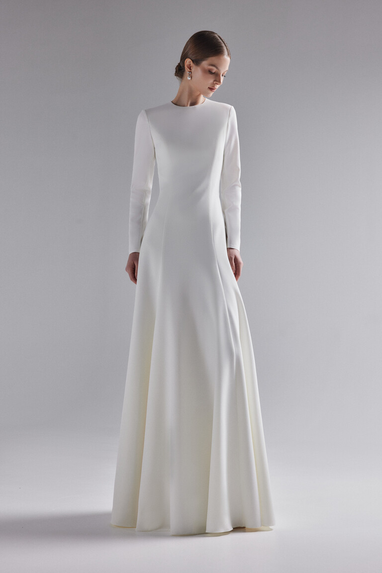 Modest ivory winter wedding dress Stella with long sleeves and clean lines