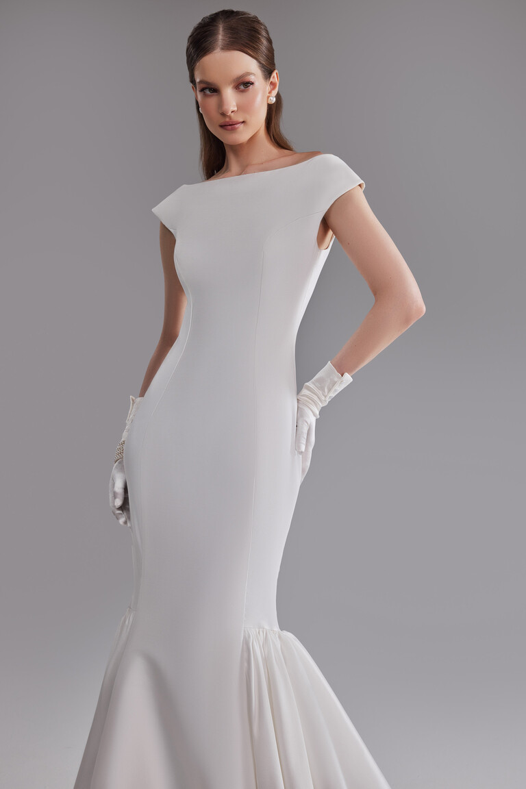 Rachel fitted mikado wedding dress front showing structured bodice and princess seams