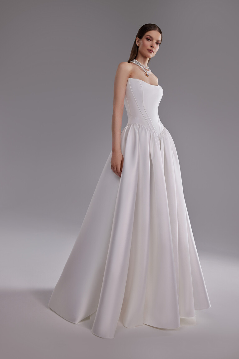 Faith A-line wedding dress 3/4 view with structured corset bodice