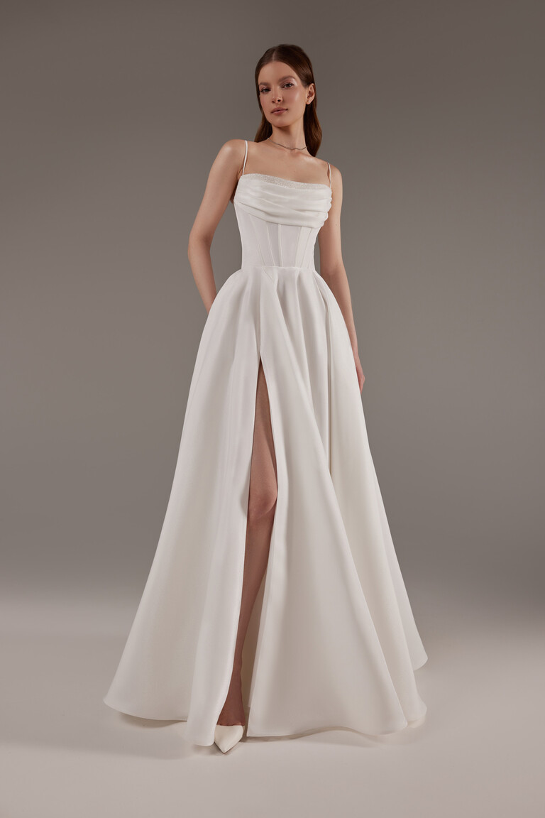 Rihanna Strappy Satin A-Line Wedding Dress with Slit