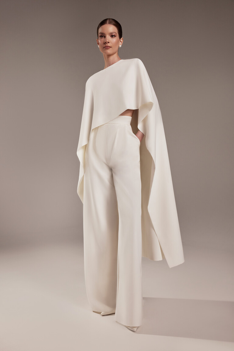 Cape Gera minimalist ivory wedding cape cover up with heavy drape over shoulders and clean lines