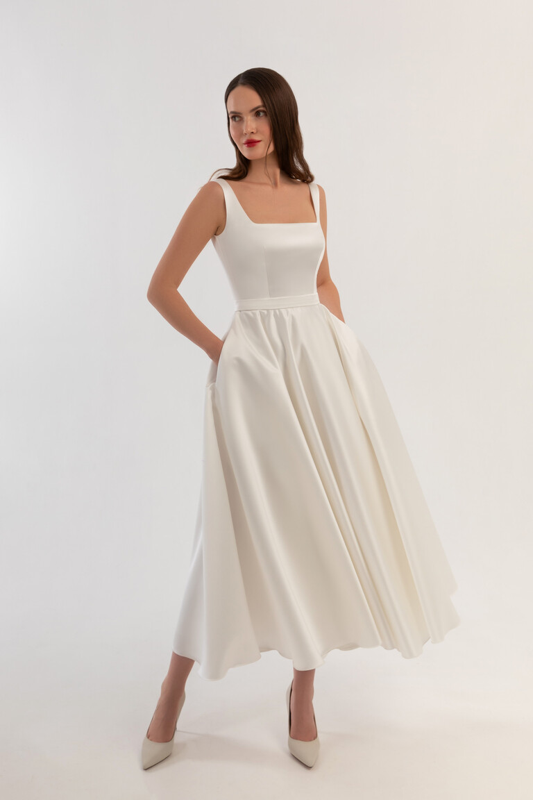 Vlada Midi Square Neck Wedding Dress with Pockets