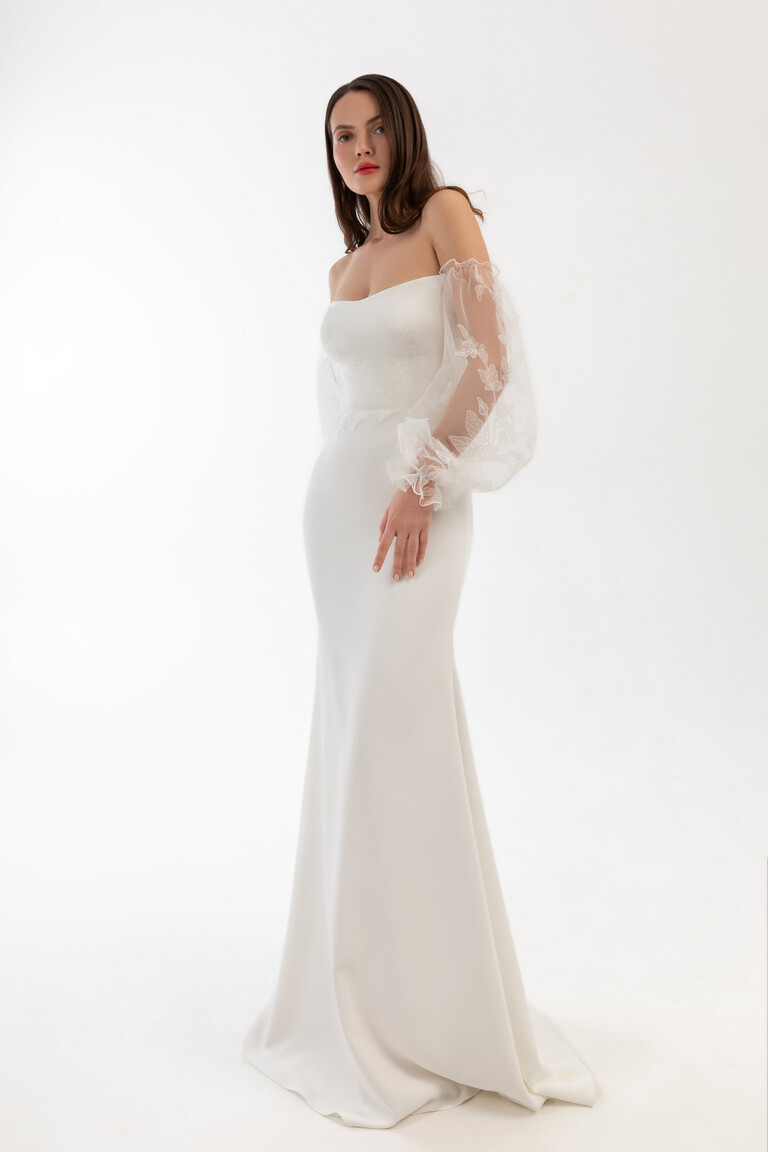 Fleur Off-the-Shoulder Crepe Wedding Dress with Lace Sleeves