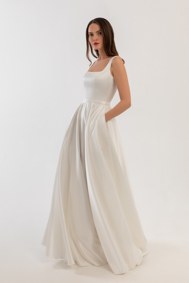 Unona Vlada satin A-line wedding dress with square neckline and pockets in off-white