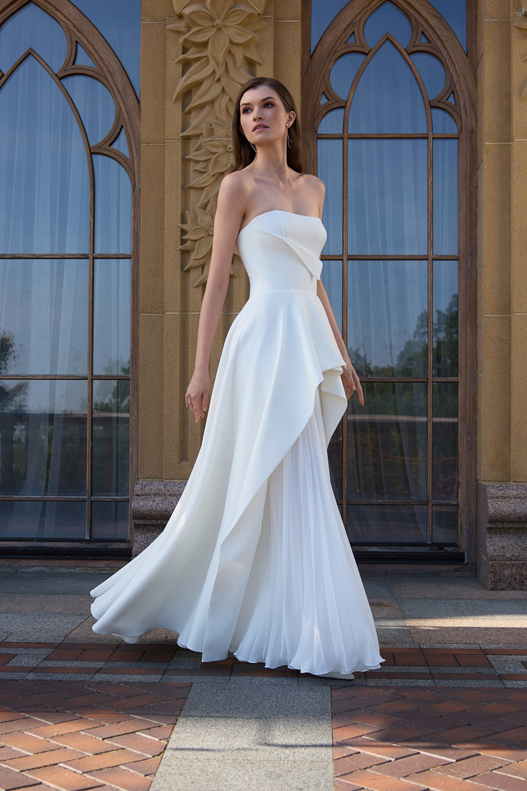 Leyana Strapless Crepe & Chiffon A-Line Gown