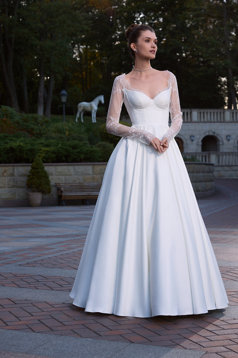 Quinn Long Sleeve Satin & Lace A-Line Wedding Dress