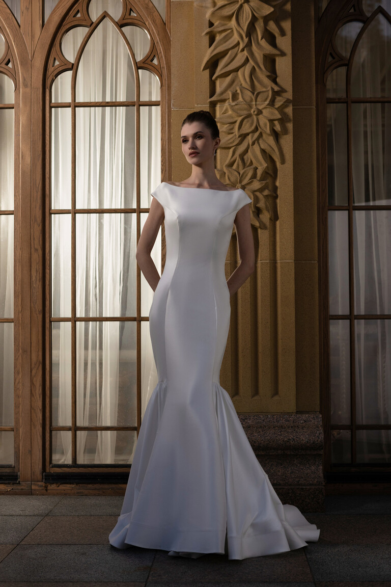 Minimalist Rachel mermaid gown front view showing smooth off-white mikado fabric