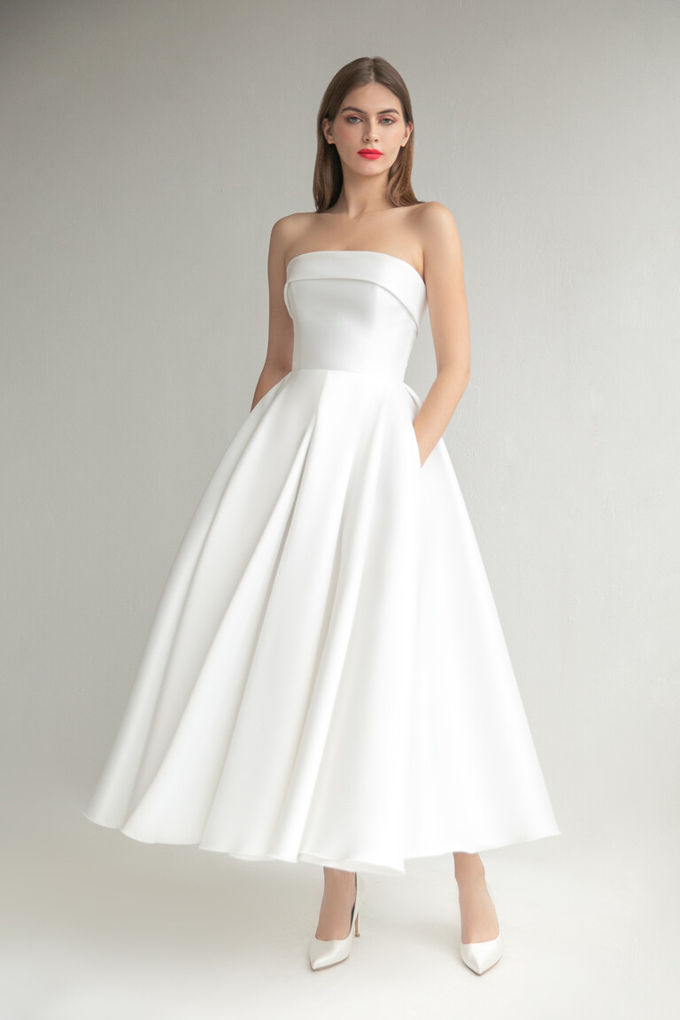 Minimalist A-Line Dress with Side Pockets Sophie Midi A-line dress front view in ivory Mikado with straight neckline and practical pockets