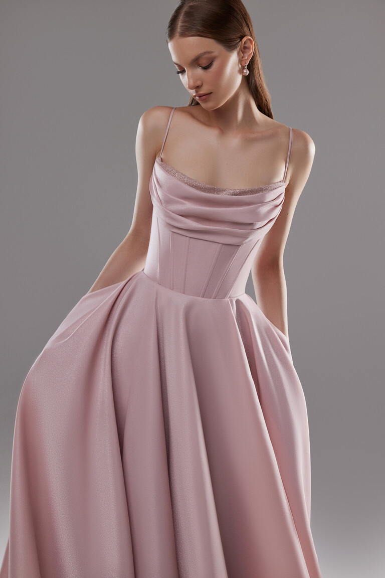 Unona Rihanna pink satin corset gown highlighting defined waist, boning, and beaded neckline trim