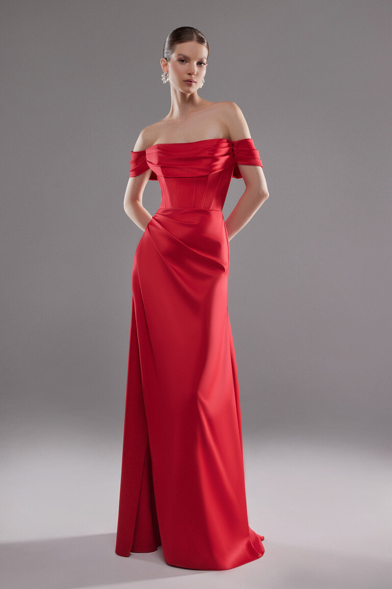 Riley Red Satin Off-Shoulder Dress with Slit