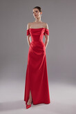 Riley Red Satin Off-Shoulder Dress with Slit preview photo # 3
