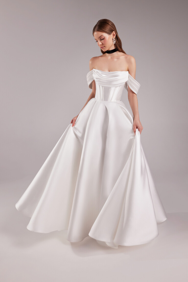 Ivory Sunny gown with detachable off-the-shoulder spanish straps and pleated mikado skirt