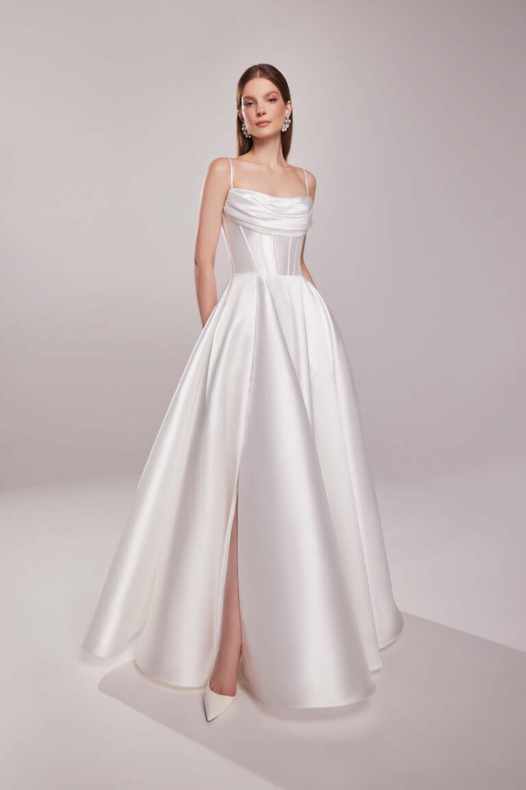 Ivory A-line wedding gown Sunny Sleeveless with spaghetti straps and draped cowl neckline