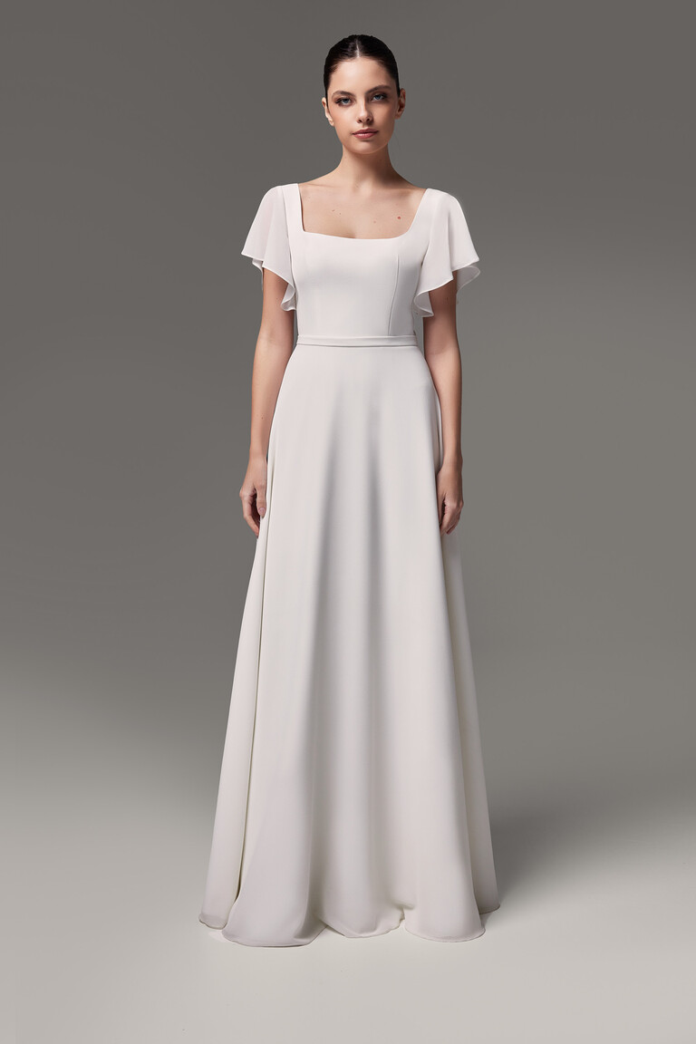 Unona Edda modern minimalist wedding gown in ivory with soft fluid sleeves