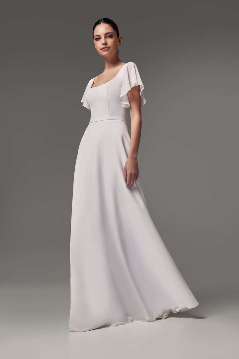 Simple ivory wedding dress Edda with defined waist and smooth draping skirt