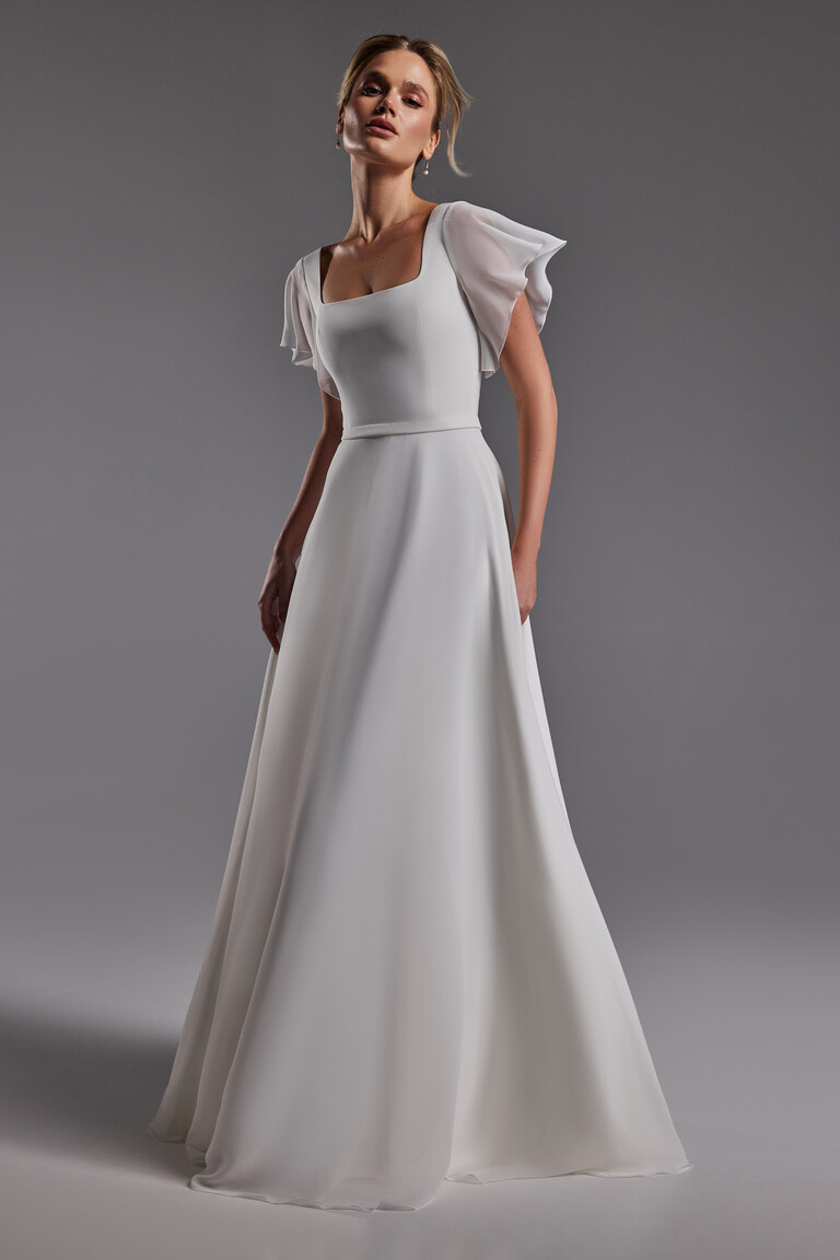 Edda Minimalist Crepe Wedding Dress with Chiffon Sleeves