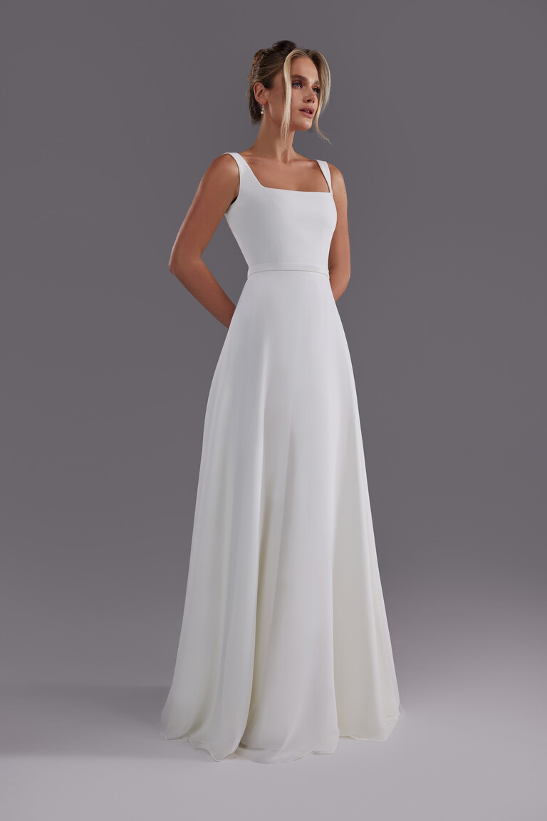 Evita Square Neck Crepe & Chiffon A-Line Dress