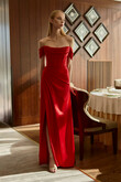 Riley Red Satin Off-Shoulder Dress with Slit preview photo # 9