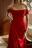 Riley Red Satin Off-Shoulder Dress with Slit preview photo # 12