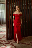 Riley Red Satin Off-Shoulder Dress with Slit preview photo # 11