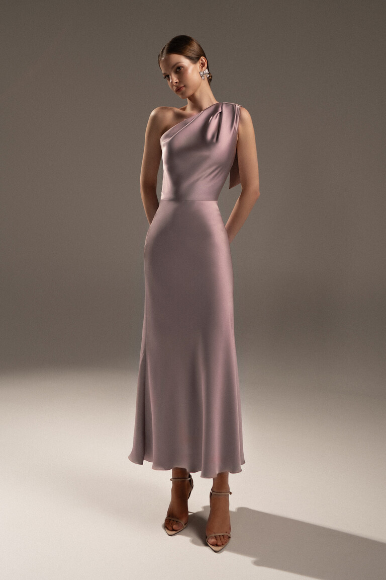 Julia Powder Satin One-Shoulder Column Midi Dress