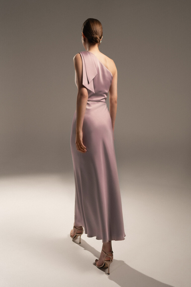 Full length back view of Julia powder satin column midi dress showing skirt silhouette