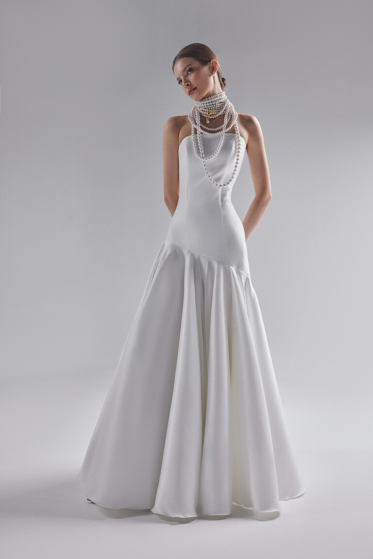 Front view of Holly structured mikado gown showing straight neckline and drop waist