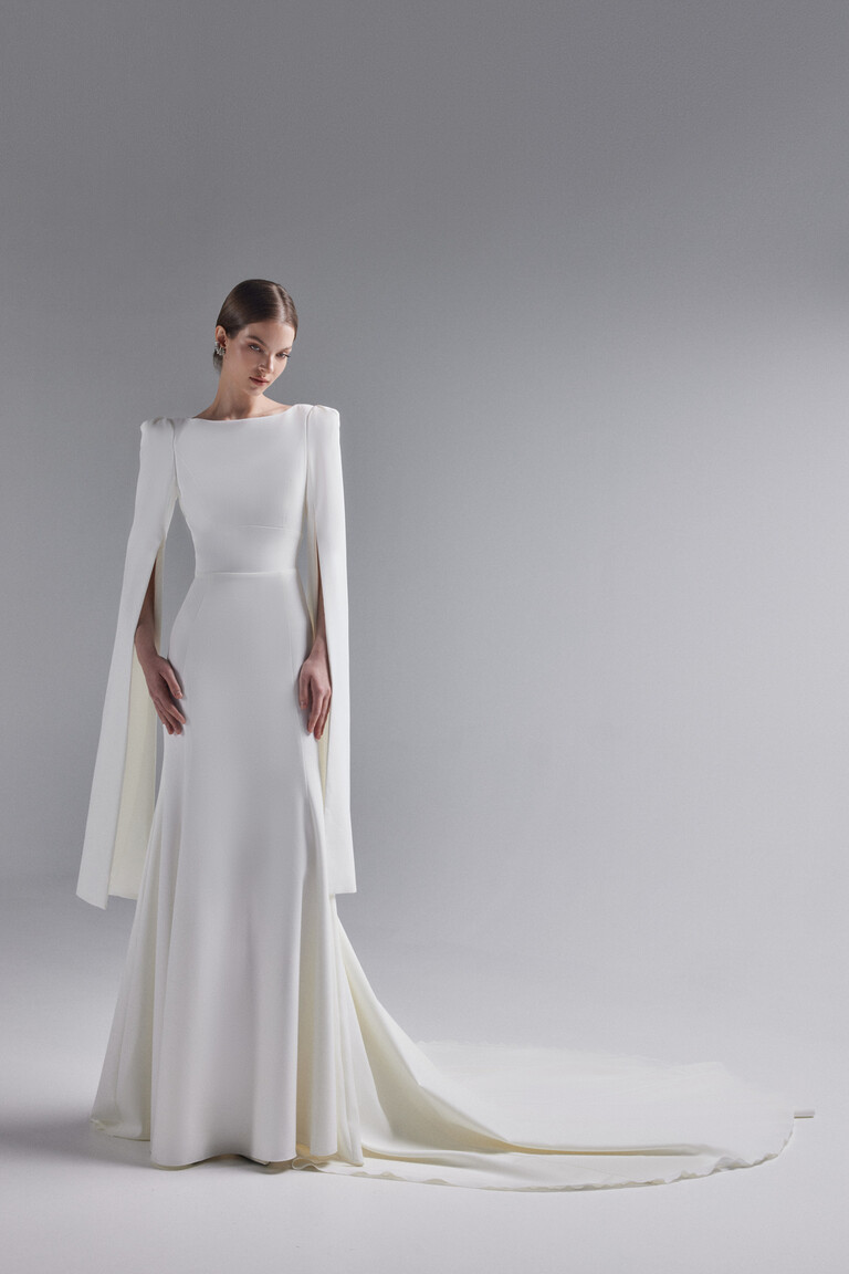 Ashley Crepe Wedding Dress with Cape Sleeves