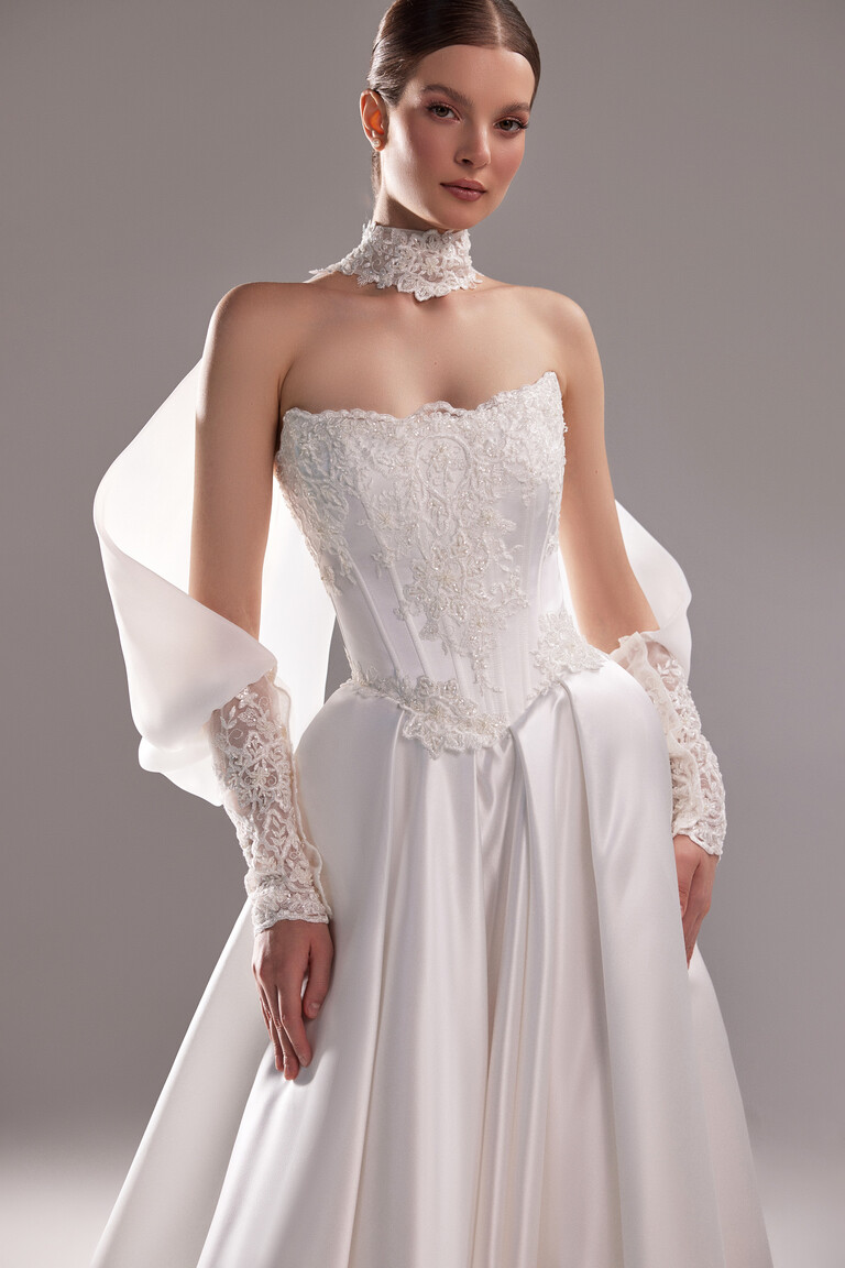 Bolero Demna High Neck Lace & Organza Bridal Sleeves