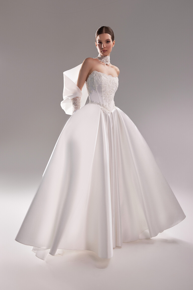 Ivory Satin Ball Gown Silhouette Full length Demna ivory satin ball gown with pleated skirt and high fashion lace accessories