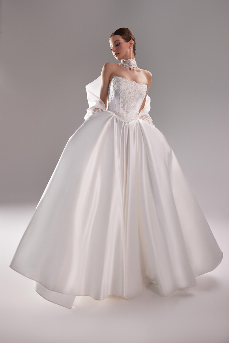 Classic Satin Gown with Lace Applique Demna satin bridal gown front view showing strapless lace corset and full pleated skirt