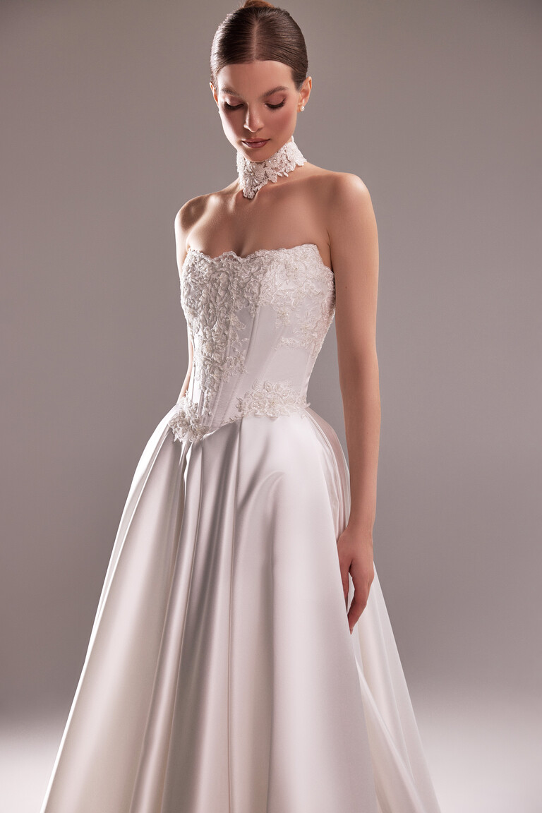 Demna gown structured lace corset bodice with basque waist and embroidery