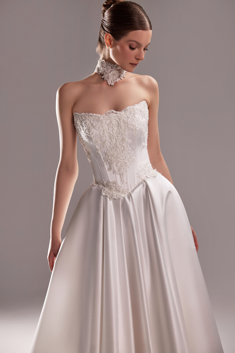 Strapless ivory bridal gown Demna featuring lace choker and beaded bodice