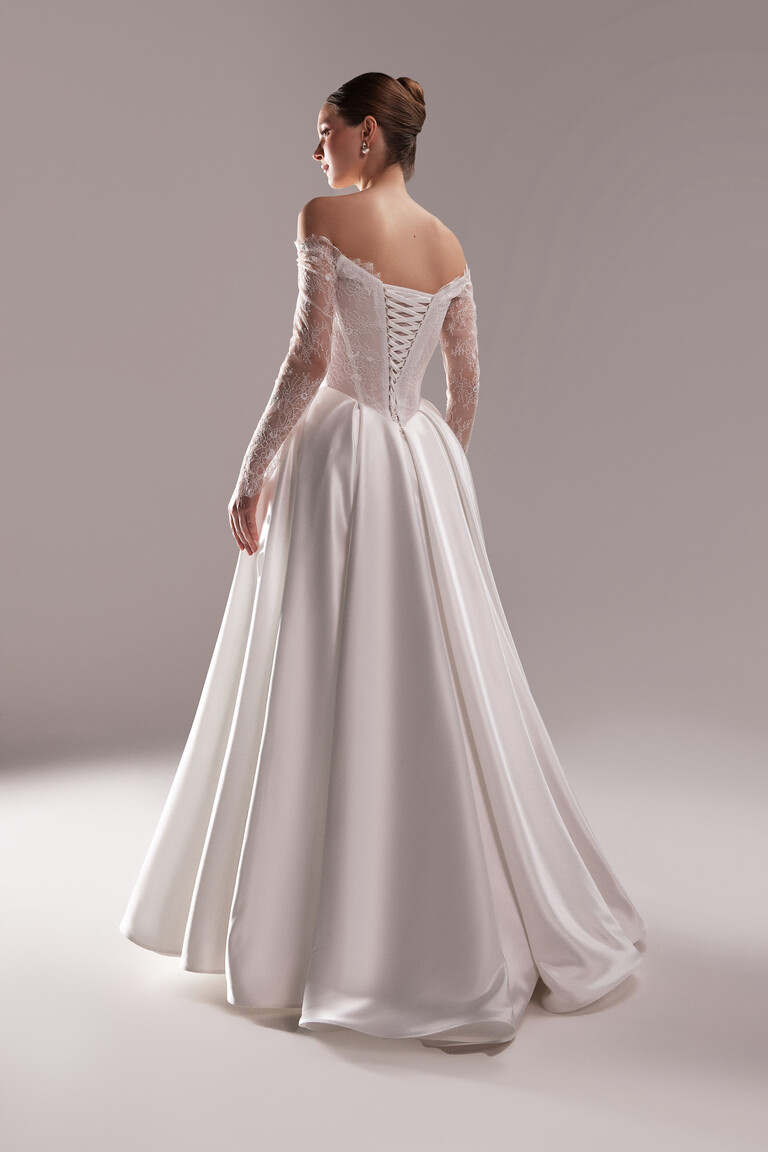 Adore satin wedding dress back view with lace-up corset and long sleeves